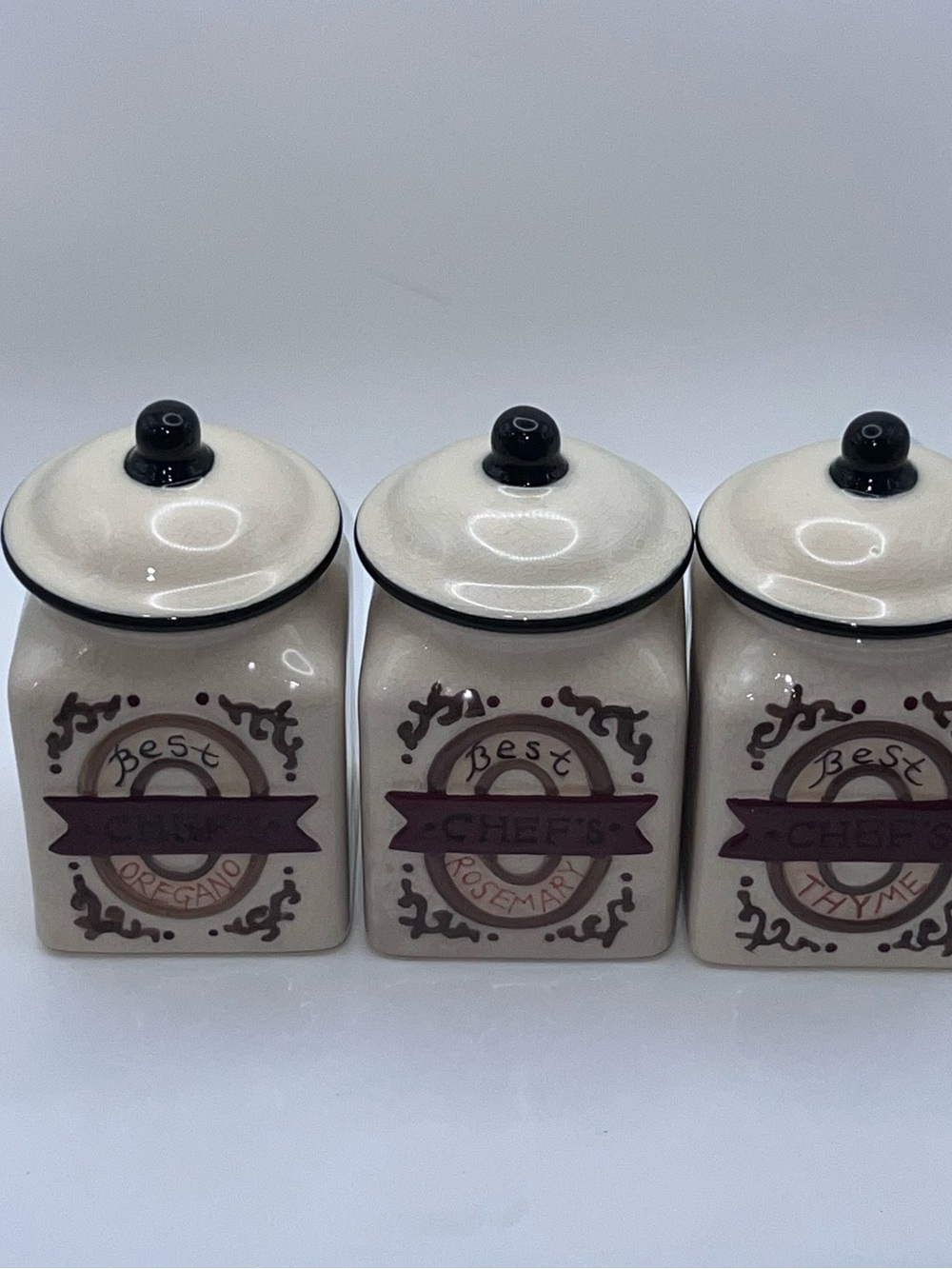 Home Interiors Cream and Brown Ceramic Herb Canister Trio